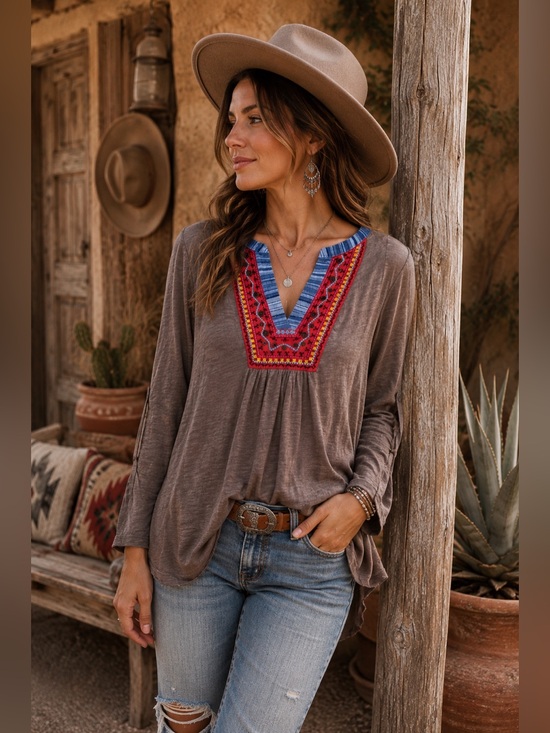 Anthropologie Tops - Anthropologie Meadow Rue Embroidered Boho Tunic Top Brown Red Blue Medium